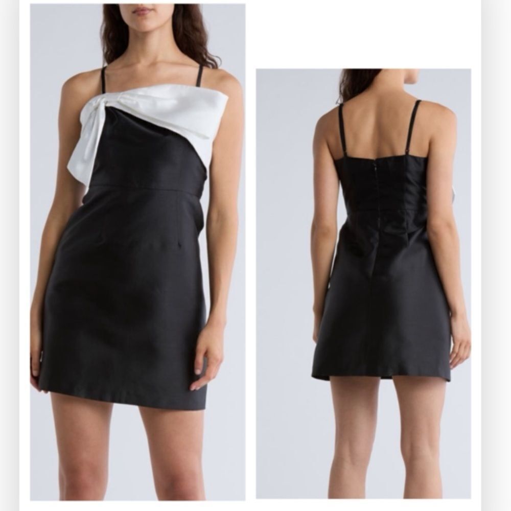 Anthropologie Hutch Serena Bow A-Line Mini Dress Black White Satin $286
